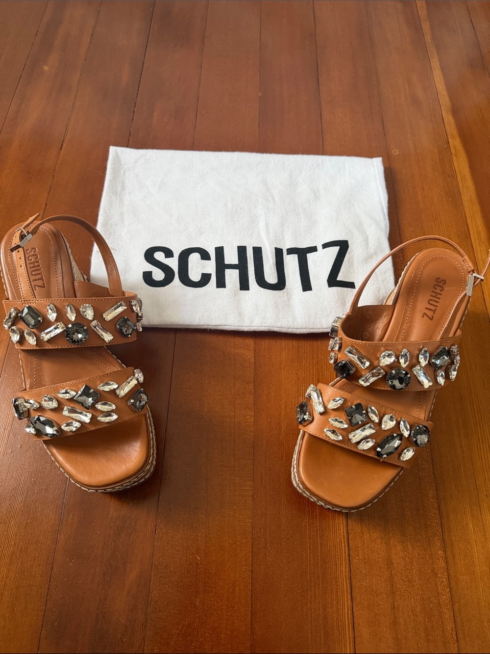SCHUTZ Cognac Leather Jeweled Double-Strap Slingback Sandals